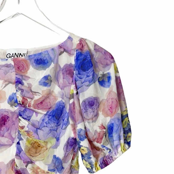 Ganni Ruched Floral-Print Mesh Mini Dress Size Small EUC - Picture 8 of 10